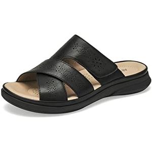 ALLOT Women's Slide Sandals Slip On Open Toe Dressy Summer Flat Sandals Arch Support Adjustable Straps Comfortable Beach Walking Shoes(Black PU, 9)