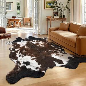 Faux Cowhide Rug, Fluffy Fur 4.6x5.2 Feet Washable Cow Print Rug for Living Room Bedroom Animal Print Hide Skin Rustic Western Dcor Black and Brown