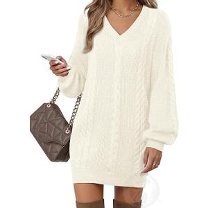 VAFOLY Women's Pullovers Jumper Sweaters Lantern Sleeve Casual V Neck Fall Knit Mini Sweater Dresses (X-Large)