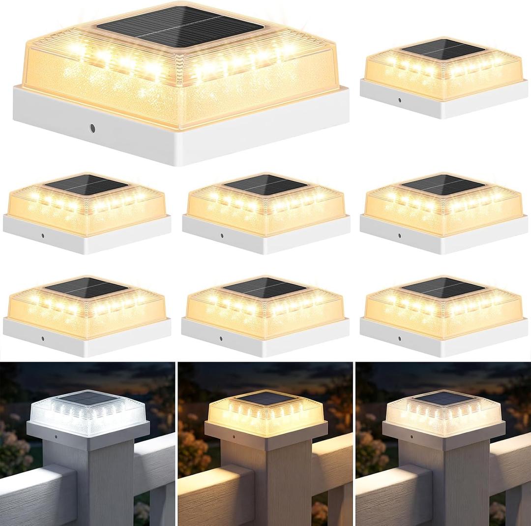 Brightever 4x4 Solar Post Cap Light 8-Pack, Fence Post Solar Lights with 3 Lighting Modes, Fits 4x4 3.5x3.5 Vinyl/Wood Posts, White Solar Powered Waterproof Deck Post Lights for Garden Patio Porch