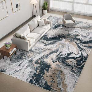 9x12 Area Rugs Living Room: Washable Neutral Abstract Rug Large Modern Marble Indoor Soft Non-Slip Carpets for Bedroom Nursery Office Dining Room (Black,9'x12')