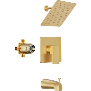 Shower Faucet Set, Gold Tub Shower Faucet with All-Metal 8-Inch Rainfall Showerhead and Bathtub Spout, Single-Handle Tub Shower-Trim Kit with Valve, Brushed Gold