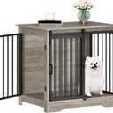 Hzuaneri 27.2" Dog Crate Furniture with Barn Door, Heavy Duty Dog Kennel Indoor with 2 Doors, Wooden Pet Cage End Table for Small Medium Dogs up to 22 lb, Anti-Chew Anti-Escape, Greige DFC84305B