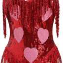 ABAFIP Women's Sequin Fringe Dance Bodysuit Halter V-Neck Sparkly Tassel Leotard Rave Festival Outfits (Medium, Red)