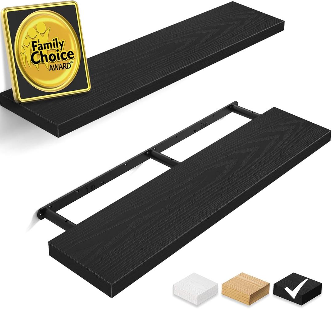 BAYKA Floating Shelves for Wall, 36 inches Long Wall Mounted Rustic Wood Shelves for Bathroom, Bedroom, Living Room, Kitchen, Office, Hanging Shelf for Books/Storage/Decor(Black,Set of 2) (A. Black - Universal Classic Style)