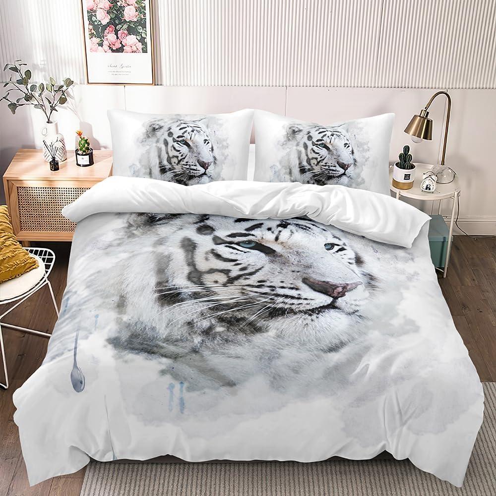 White Tiger Duvet Cover Set Queen Size Wildlife Comforter Cover Animal Print Bedding Set for Boys Girls and Kids Watercolor Art Bedroom Decor