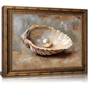 Vintage Gold Framed Wall Art, Seashell and Pearl Canvas Print, 24x16 In