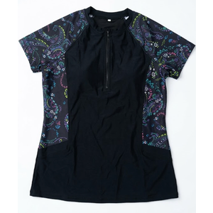 Halcurt Women's Half Zip Short Sleeve Rash Guard Top with Bra Side Pockets Swim Shirts UPF50+ Swimsuit Black Paisley, M