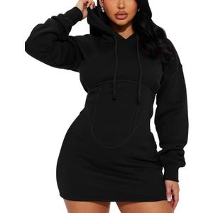 BEAGIMEG Women's Long Sleeves High Neckline Hooded Solid Stretch Casual Mini Sweatshirt Dress Black, 4
