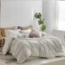 MooMee Striped Duvet Cover Set 100% Washed Cotton Linen Like Textured Breathable Durable Soft Comfy (White Sage Green Wide Stripes, Oversized Queen 98"x98")