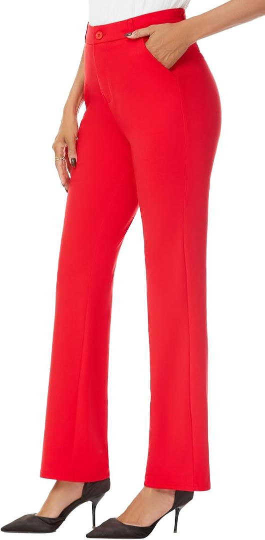 iChosy Women's Stretchy Straight Leg Dress Work Pants Business Office Casual Slacks with Pockets (Red)