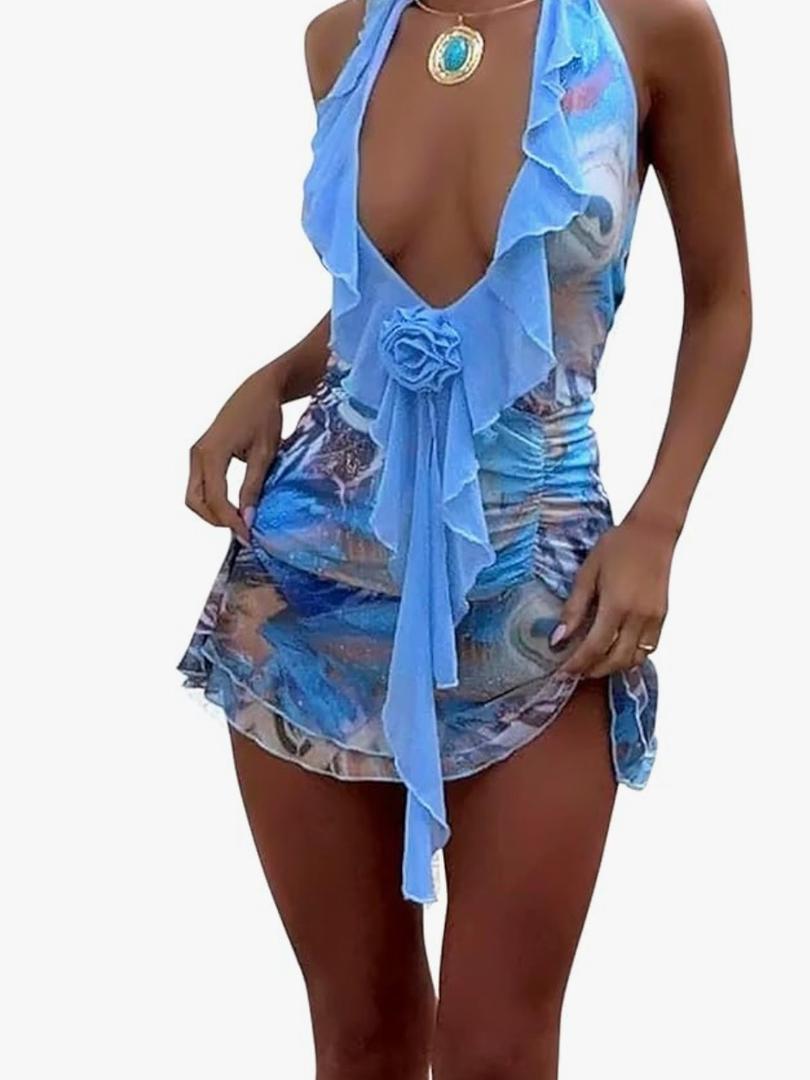 Women Sexy Halter Neck Floral Bodycon Mini Dress Backless Ruffle Layered Short Party Mesh Dress Small