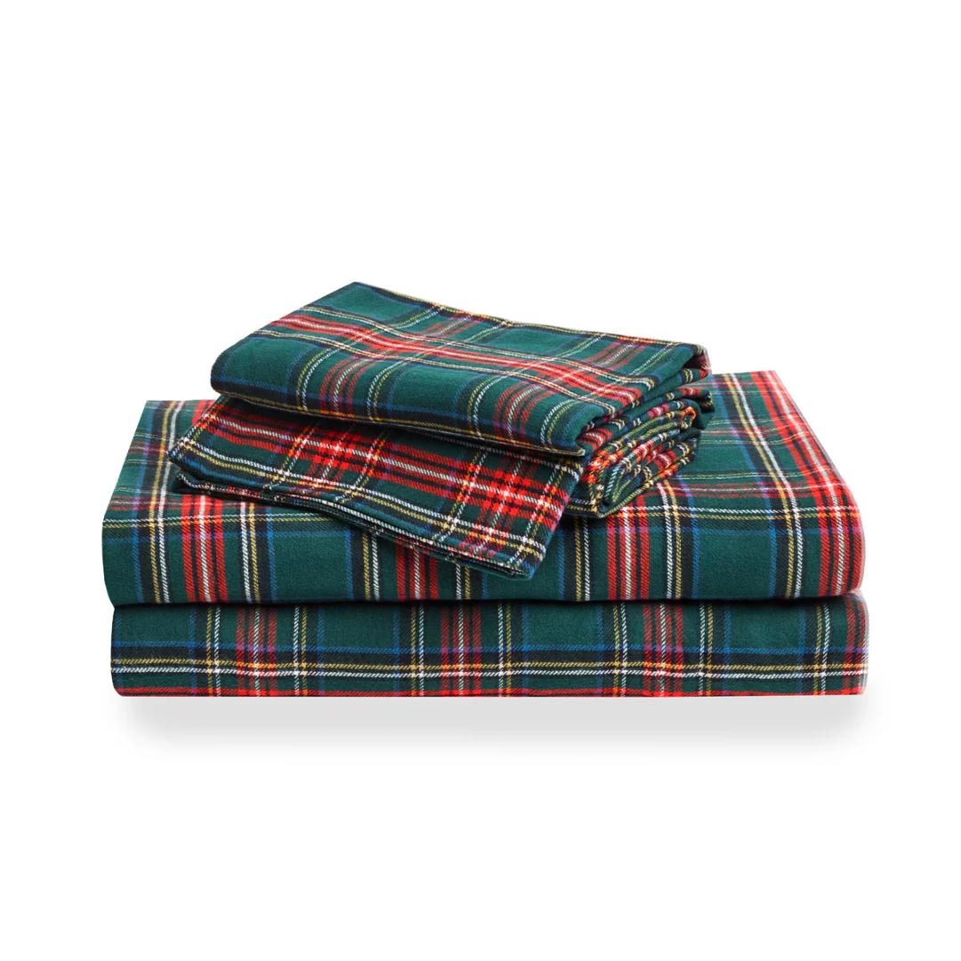 Wake In Cloud - Plaid Bed Sheets, 3-Piece Sheet Set, 2 Pillowcase 17*17 inch and Plaid 140*132 inch, Green