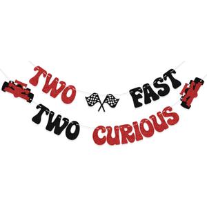 Two Fast Two Curious Banner, Boy 2nd Birthday for Racing Second Party Decorations, Baby Shower Race Car Let's Go Racing Party Supplies, Black Red Glitter