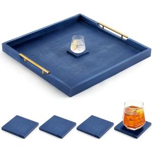Remagr 24'' Square Extra Large Ottoman Tray, Wood Serving Tray with 4 Coasters and Metal Handles Decorative Coffee Table Platter for Living Room Sofa Food Tea Server Housewarming Home Gift(Blue)