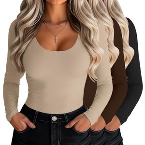 Riyiper 3 Pack Women's Scoop Neck Tops Long Sleeve Slim Fitted Shirts Casual Basic Tunic Fall Trendy Y2k Tight Tees (Apricot, Brown, Black), Small