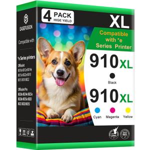 910XL Ink Cartridges Combo Pack for HP 910 Ink Cartridges for HP Printers HP910XL 910 Multipack XL Color HP910 910XL Black and Color Combo Pack Work for Office Jet Pro 8020 8010 8015 Printers, 4 Pack
| Black Cyan Magenta Yellow