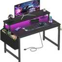Lufeiya Small Desk with Power Outlets and LED Lights, 32 Inch Teen Writing Study Table Home Office Computer Desks with Monitor Stand, Gaming Desk with Charging Station, Black
