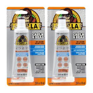 Gorilla 100% Silicone Caulk, Waterproof Sealant, 2.8oz Squeeze Tube (Pack of 2)  Clear -10 Year Mold Resistant Kitchen, Window, Bath, Marine, Door and More
