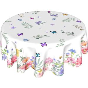 Spring Flower Tablecloth Round 60 Inch Spring Floral Tablecloths Watercolor Butterfly Flower Table Cloth Round Farmhouse Wildflowers Tablecloths Washable Table Cover for Indoor Outdoor Table Decor