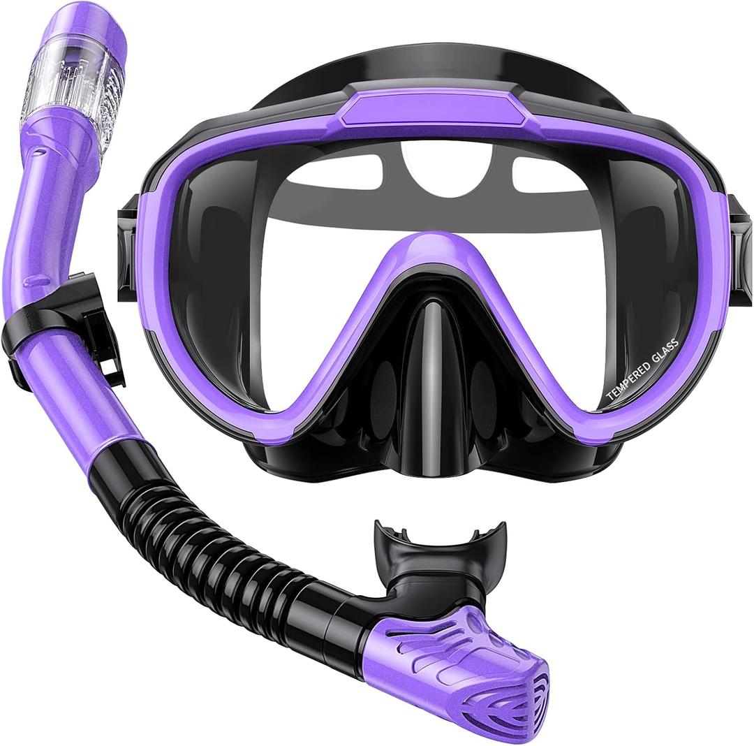 Snorkel Set Adults Snorkeling Gear Anti-Fog Panoramic View Swim Mask Dry Top Snorkel Kit with Carry Bag for Snorkeling Scuba Diving Swimming Travel (Purple+Black)