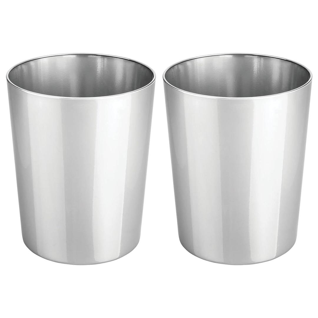 mDesign Round Metal Small 1.7 Gallon Recycle Trash Can Wastebasket, Garbage Container Bin for Bathrooms, Kitchen, Bedroom, Home Office - Durable Stainless Steel - Mirri Collection - 2 Pack - Chrome