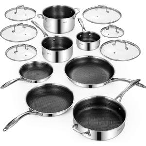 Deluxe 13 Piece Hybrid Ceramic Nonstick Stainless Steel Cookware Set | 5 PC Fry Pan Set, 6 PC Pot Set, 3.7QT Deep Sauté Pan&Lid, Induction Ready, Stay Cool, PFOA Free FOR All Cooktops