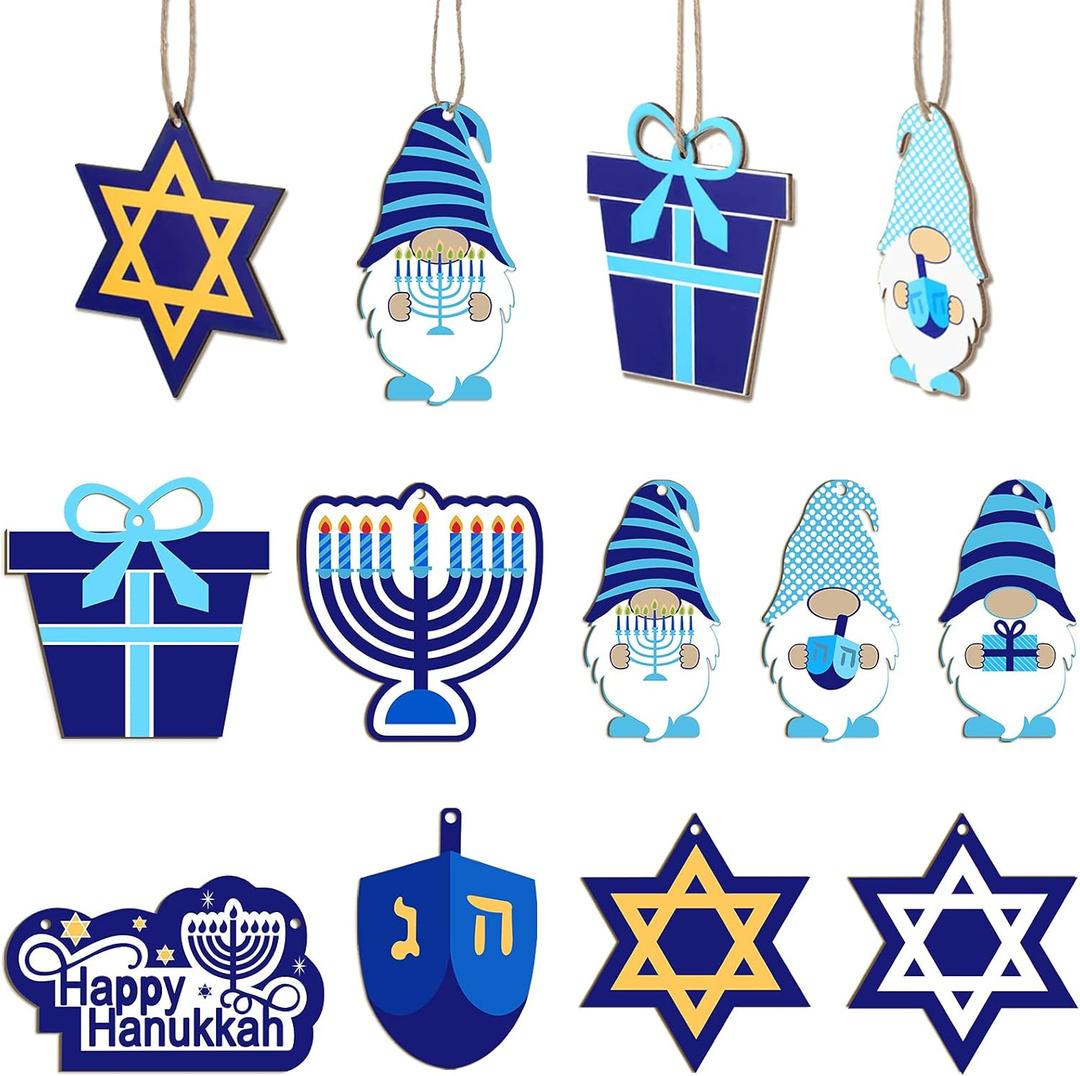 Maitys 25 Pcs Hanukkah Hanging Gnome Ornaments Happy Hanukkah Wood Sign Star of David Menorah Dreidel Hanging Decoration for Party Decoration Home Living Room Wall Decorations