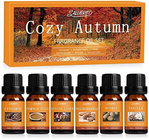 SALUBRITO Fall Fragrance Oils Set, Autumn Essential Oil for Diffuser, Candle Making, Aromatherapy Oils Gift - Cinnamon, Pumpkin Spice, Vanilla, Snickerdoodle, Spiced Cider, Nutmeg, 6x10ml, Expiry: 05/15/2028