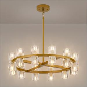 MeiYDeng 24 Inch Gold Crystal Wagon Wheel Chandelier, Modern Farmhouse Round 24-Lights Pendant Lighting Fixture, for High Ceilings Living Room, Bedroom, Foyer