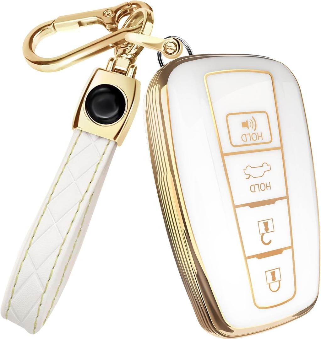 Lucrum Compatible with Toyota Key Fob Cover & Leather Keychain, Keyfob Case for Avalon Camry Corolla Prius RAV4 Highlander (White)