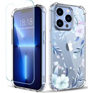 Flower Designed for iPhone 13 Pro Case[with Screen Protector], Floral Clear Women Phone Case Shockproof Protective Soft TPU Bumper Cover 6.1 Inch 2021 (Hibiscus)