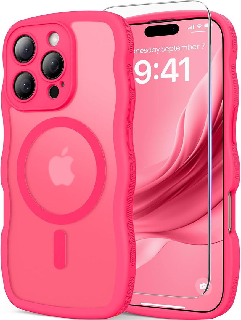 3 in 1 Magnetic for iPhone 16 Pro Max Case, 1X Screen Protector+1X Wrist Strap, Cute Wavy [Full Camera Protection][Fit for MagSafe], Trendy Matte Women Girls Case for iPhone 16 Pro Max 6.9", Hot Pink