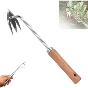 HISKI Stainless Steel Multifunctional Weeder, 2025 Manual Weed Remover Tool for Lawn and Garden Weeding Artifact Uprooting Weeding Tool Manganese Steel Garden Hand Weeder Tool (12.4" Wood)