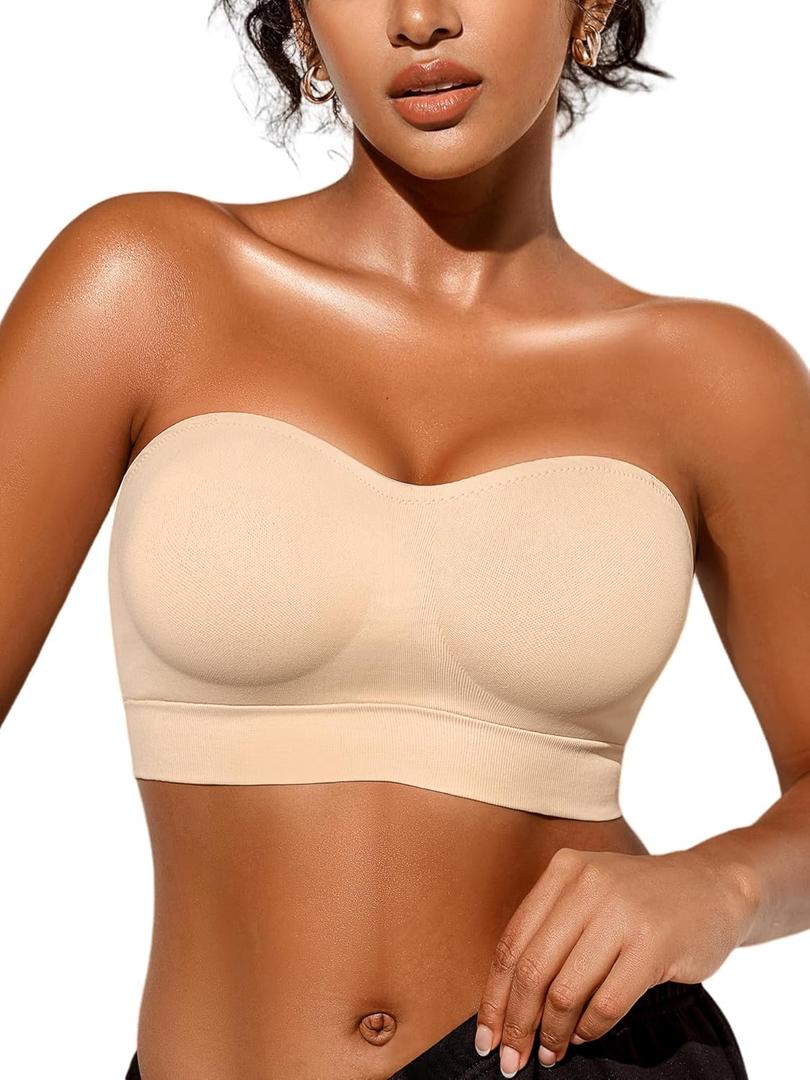 Strapless Bras for Women Non-Slip Silicone Padded Bandeau Bra with Free Clear Strap, Wireless Tube Top Bralette (Large)