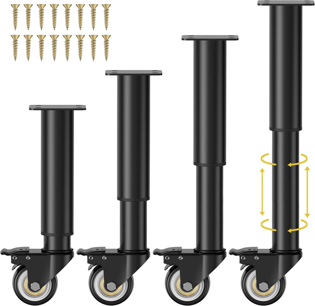Wlrrcwdttc 7-12 inch Metal Adjustable Furniture Legs with 2.36 inch Swivel Caster Wheels for Cabinet/Sofa/Bed/Dresser/Couch/Coffee Table,Heavy Duty Replacement Support Legs with Caster Wheels Set of 4