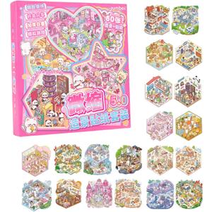 20 Sets 3D Sticker Scene Craft Kit Adult Creative Relaxation Activity,Build Decorative Miniature House & Landscape Scenes with Reusable Stickers (Pink)