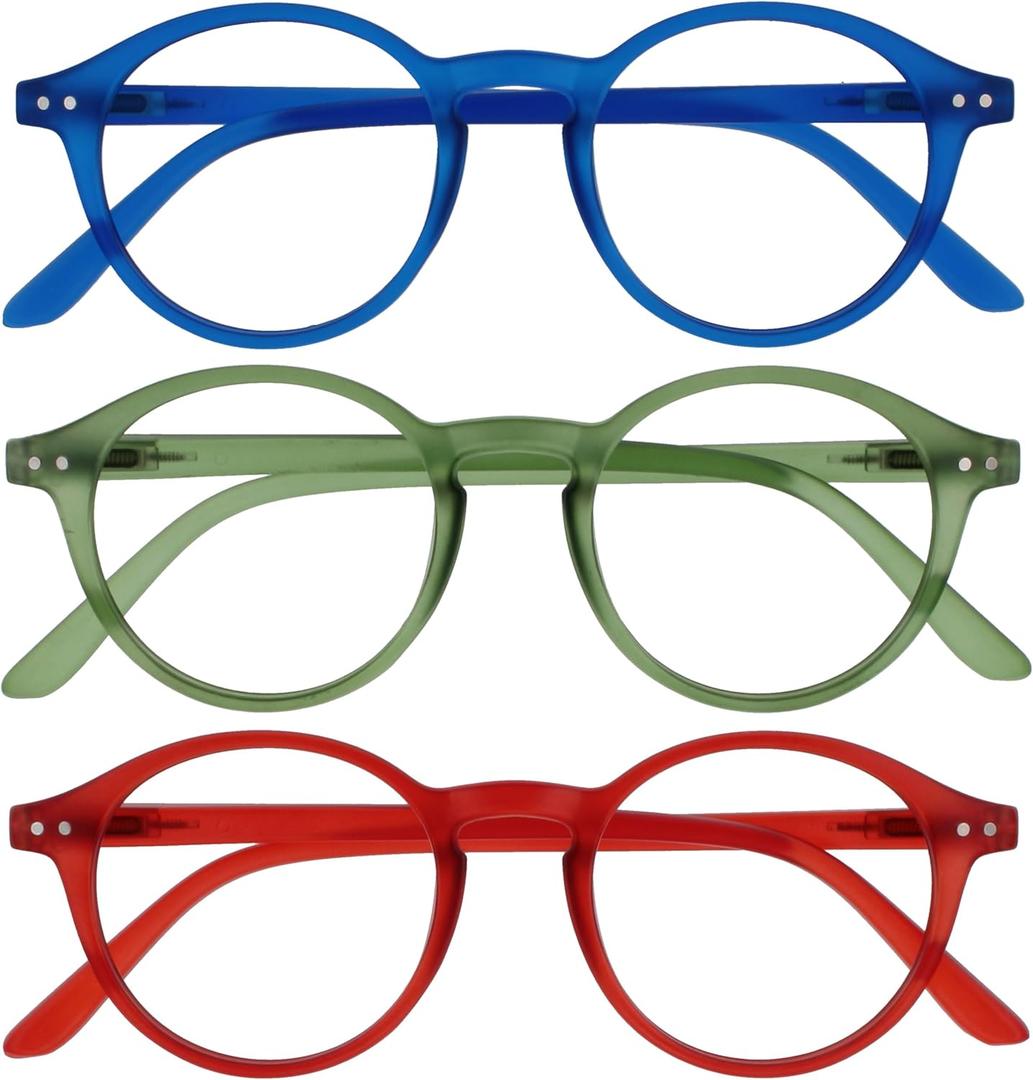 OPULIZE REY Reading Glasses for Women Men, Retro Round Frame with Spring Hinges, Matte Blue, Green, Red +1.00 (Pack of 3)
