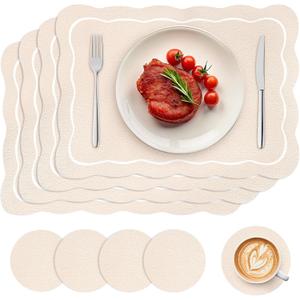 Set of 4 Beige Vinyl Placemats with Coasters 16.5 Inch Beige Scalloped Vinyl Placemats Waterproof Faux Leather Place Mats Wipeable Heat Resistant for Kitchen Dining Table Decor