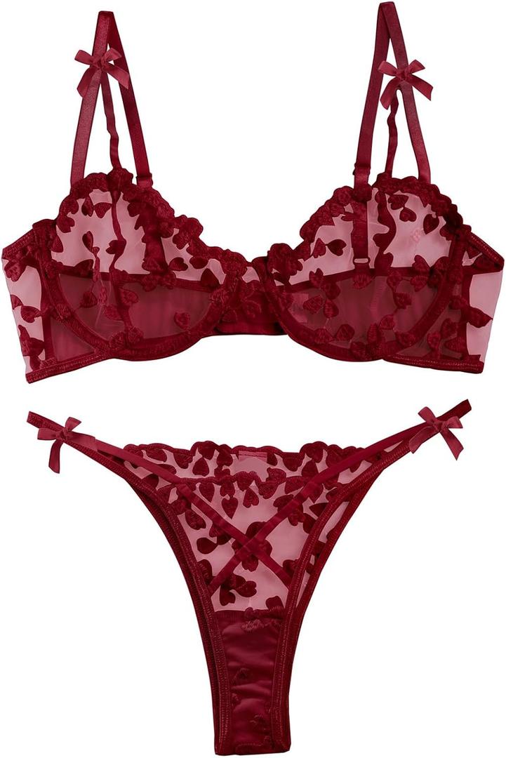 Lilosy Sexy Underwire Cute Push Up Strappy Embroidered Mesh Sheer Lingerie Set See Through Panty Bra (Large, Bow Burgundy Red)