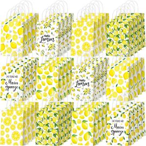 Yeaqee 48 Pcs Lemon Gift Bags Small Yellow Lemon Party Favor Bags Summer Fruit Paper Goodie Bag with Handle Treat Candy Bag for Baby Shower Wedding Birthday Summer Party, 5.91 x 3.15 x 8.27 Inch