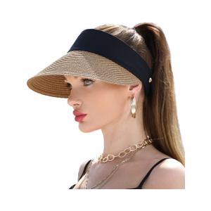 Womens Sun Hat Straw Visor UV Protection Wide Brim Packable Travel Summer Cap for Beach UPF 50+(Khaki)