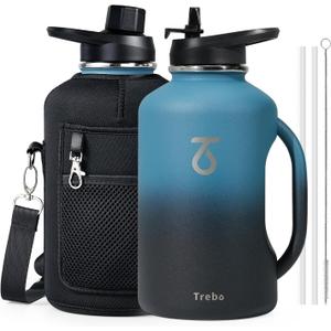 Trebo Half Gallon Water Bottle 64oz with Handle,Double Wall Vacuum Insulated Large Water Jug,Stainless Steel Water Bottle Flask,Gym Water Bottles For Men with Straw Spout Lids Strap,Indigo Black
