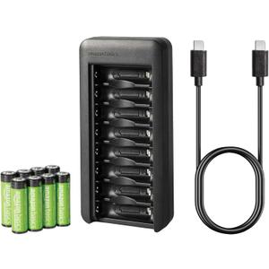 Amazon Basics Rechargeable AA NiMh Batteries with 8-Bay Battery Charger, USB-C Port, No AC Power Adapter, 8 Count (1 Pack), Black