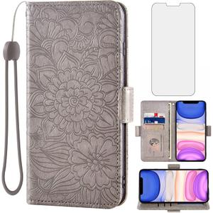 Compatible with iPhone 13 Pro 6.1 inch Wallet Case and Tempered Glass Screen Protector Card Holder Stand Magnetic Leather Phone Cover for iPhone13Pro 5G i i-Phone i13 iPhone13 13Pro Women Men Grey