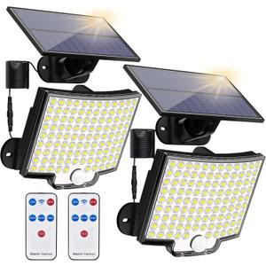 Solar Lights Outdoor, 106 LED 3000LM Solar Powered Motion Sensor Flood Lights with Remote, Dusk to Dawn Led Solar Security Wall Lights with 16.5Ft Cable IP65 Waterproof for Outside, Garage, 2 Pack