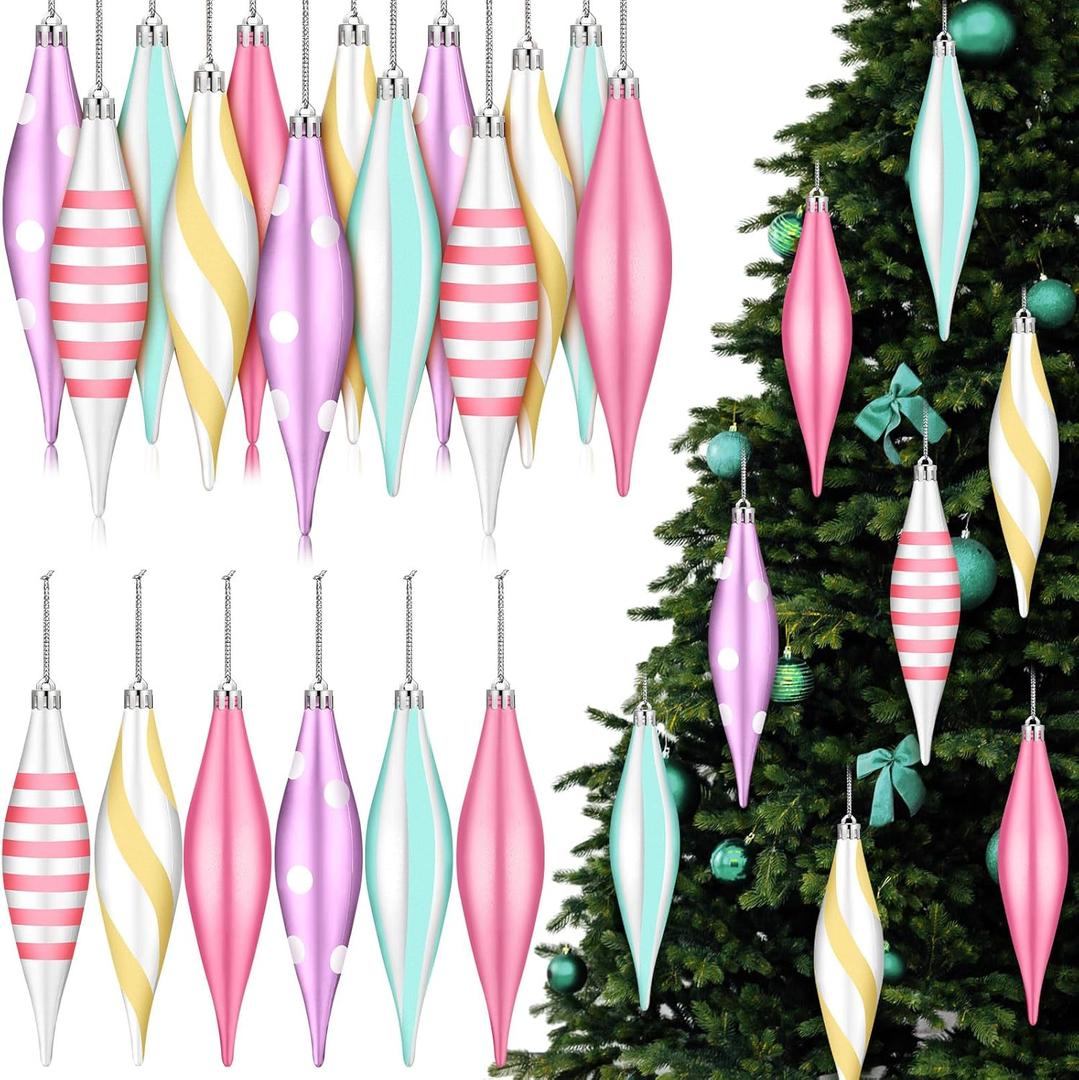 Hungdao 12 Pcs Pastel Macaron Colors Christmas Ornaments 6.3 Inch Droplet Stripe Dot Hanging Christmas Ornaments for Xmas Tree Decor for Home and Holiday Party Xmas Trees Accessories