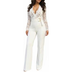 CHICME Womens Floral Lace Jumpsuit 2026 Deep V-Neck Casual Long Sleeve Ovearalls with Belt Pant Side Pockets L