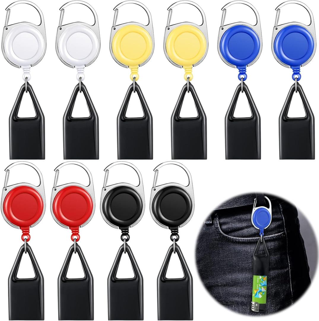 10 Pieces Retractable Lighter Holder Keychain With Clip - Assorted Colors: Black, White, Red, Blue, Yellow - Classic Cover, Single Clip for Convenience