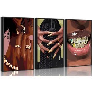 3 Pcs African American Woman Canvas Wall Art Fashion Bracelets Earrings Necklaces Gold Teeth Pictures Wall Decor Wine Trend Bar Cart Poster Print Artwork for Woman Bedroom Girl Room Home Decor